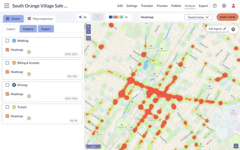 Map responses view in the analysis tool