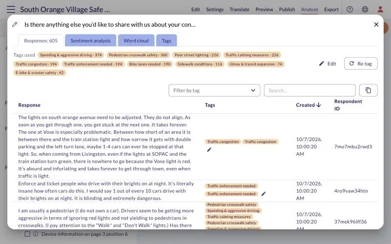 Open-text answers table with tags