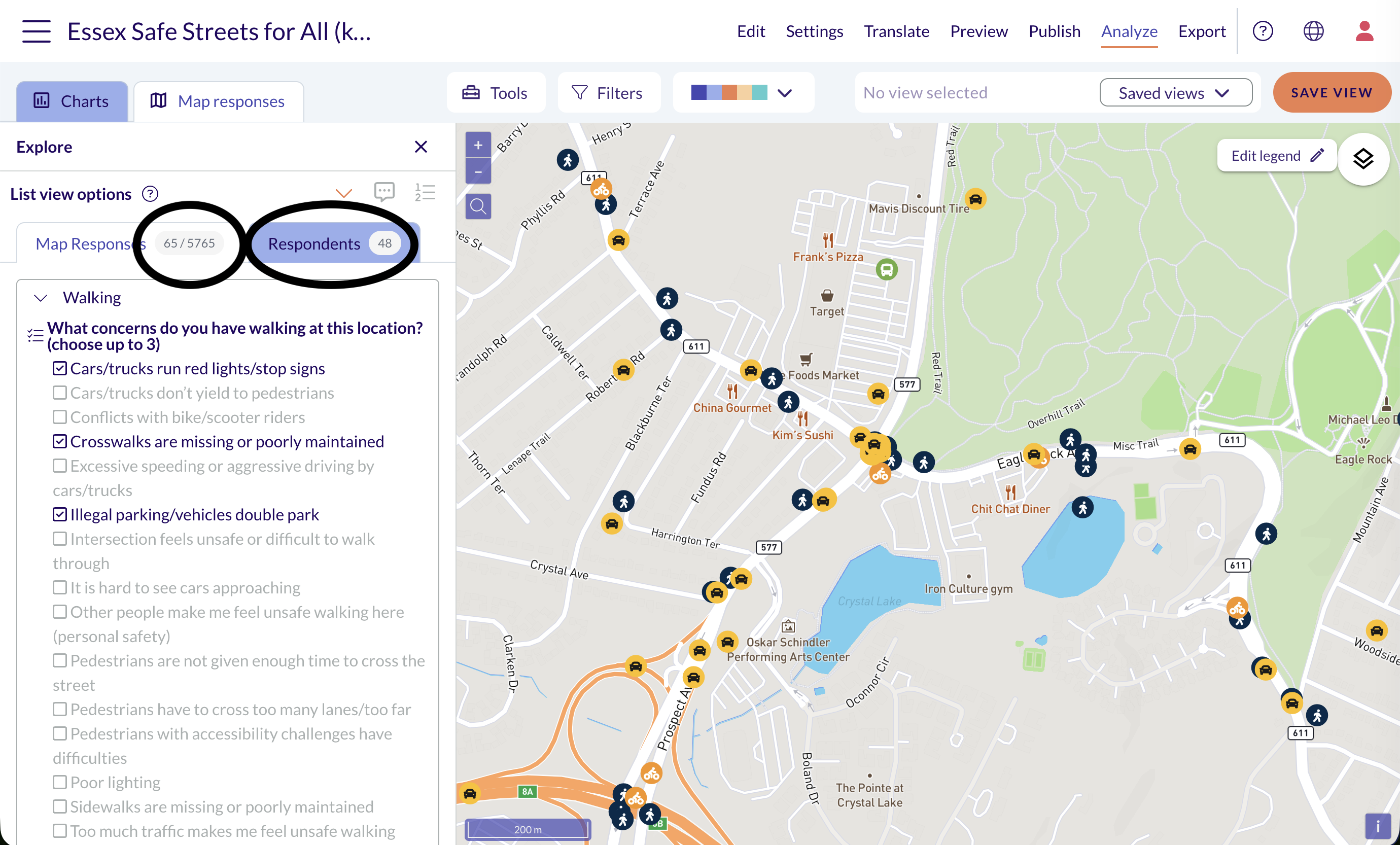 Map responses and Respondents counts for the visible area